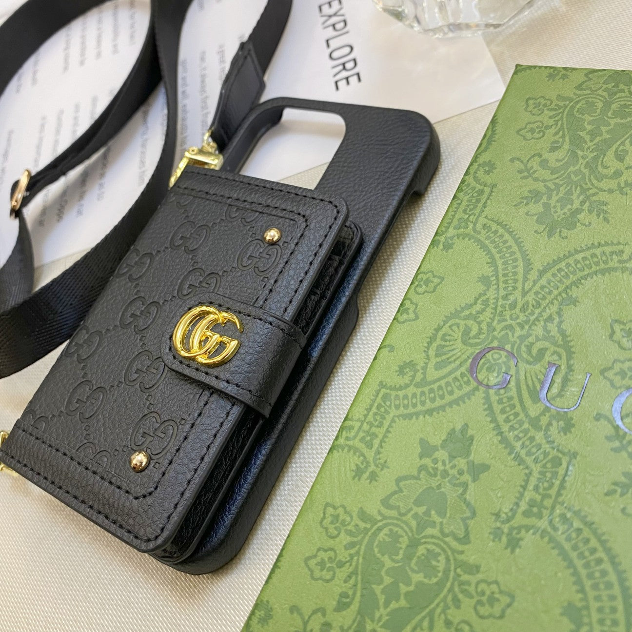 GG iPhone Case With Wallet And Strap Black -ZY241720