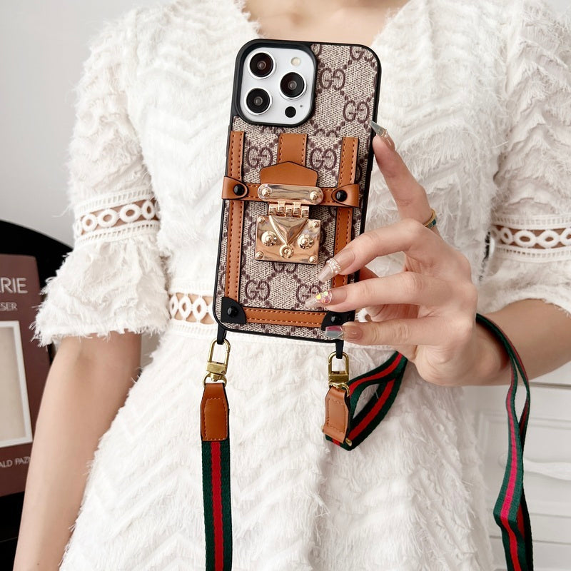 GG iPhone Case With Wallet And Strap Brown -TDK240330