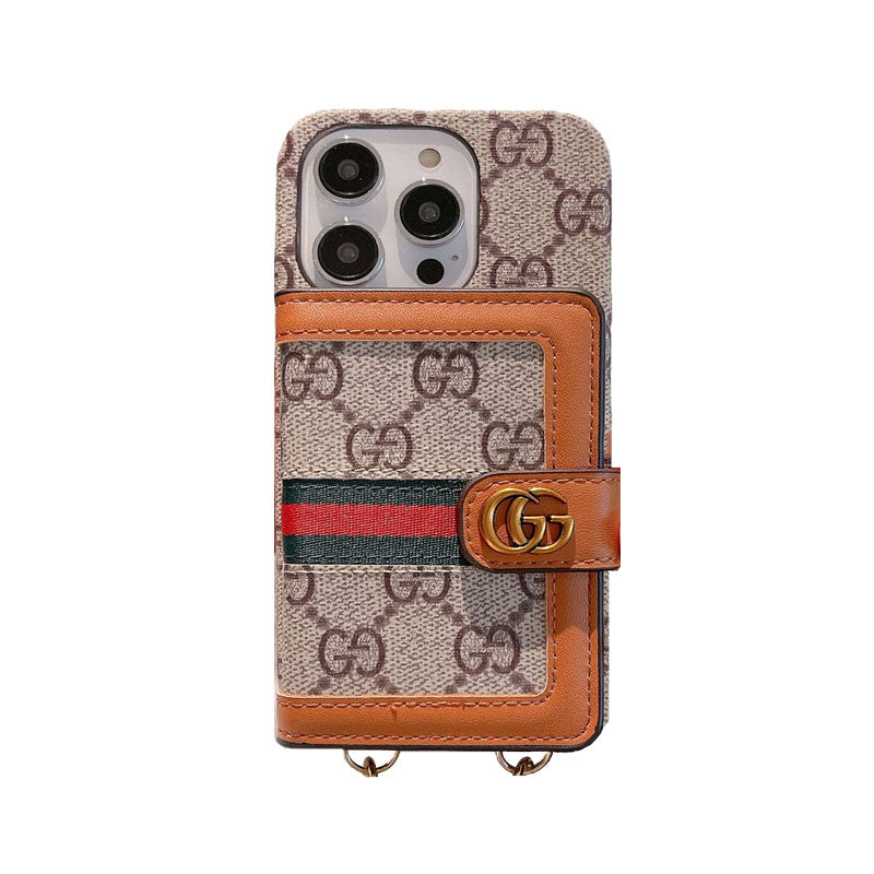 GG iPhone Case With Card Holder And Strap Brown -SZK240401