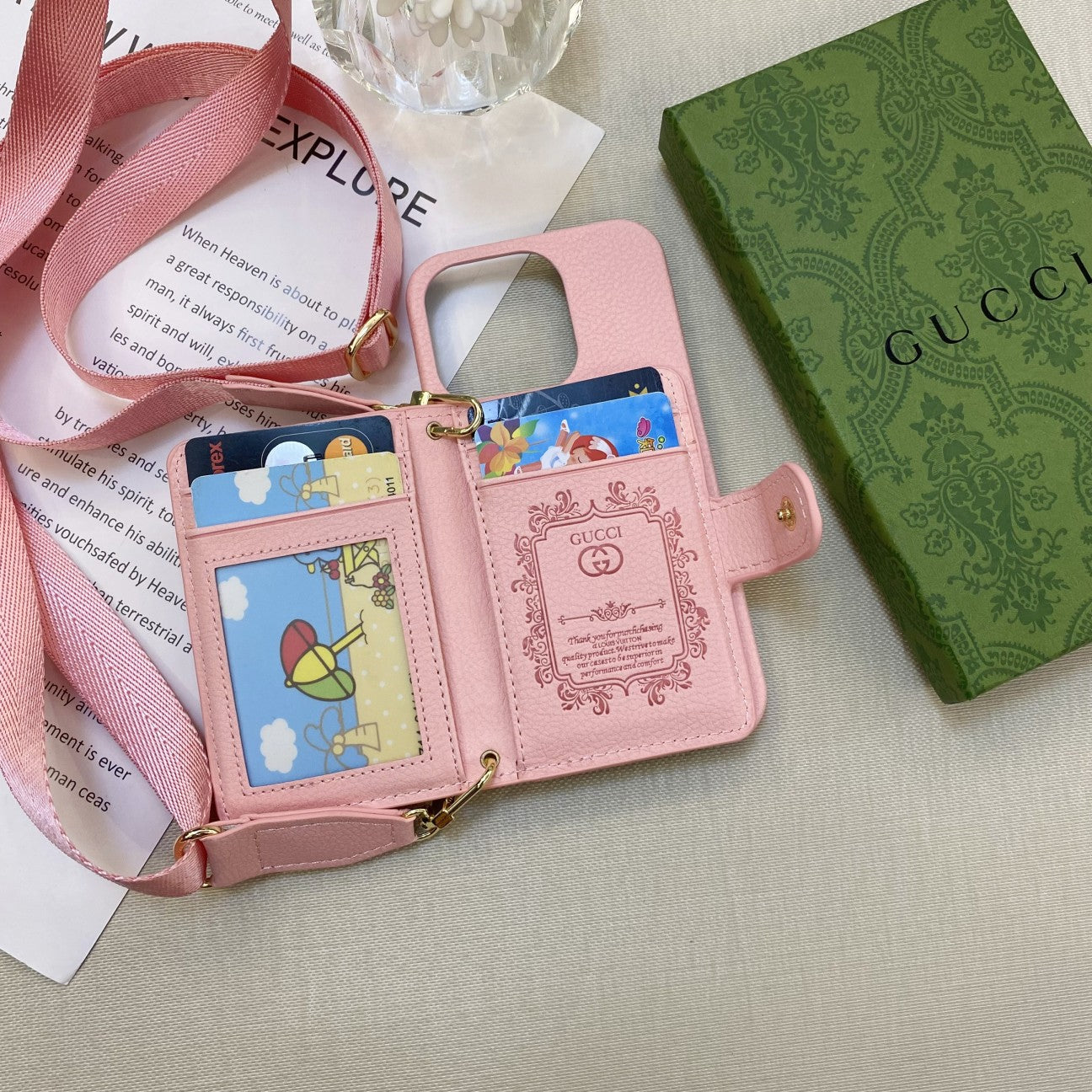 GG iPhone Case With Wallet And Strap Pink -ZY241720