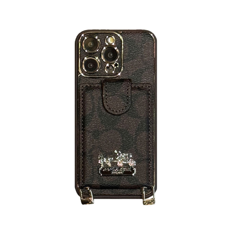 Leather CH iPhone Case With Wallet And Strap Coffee-LLB241737